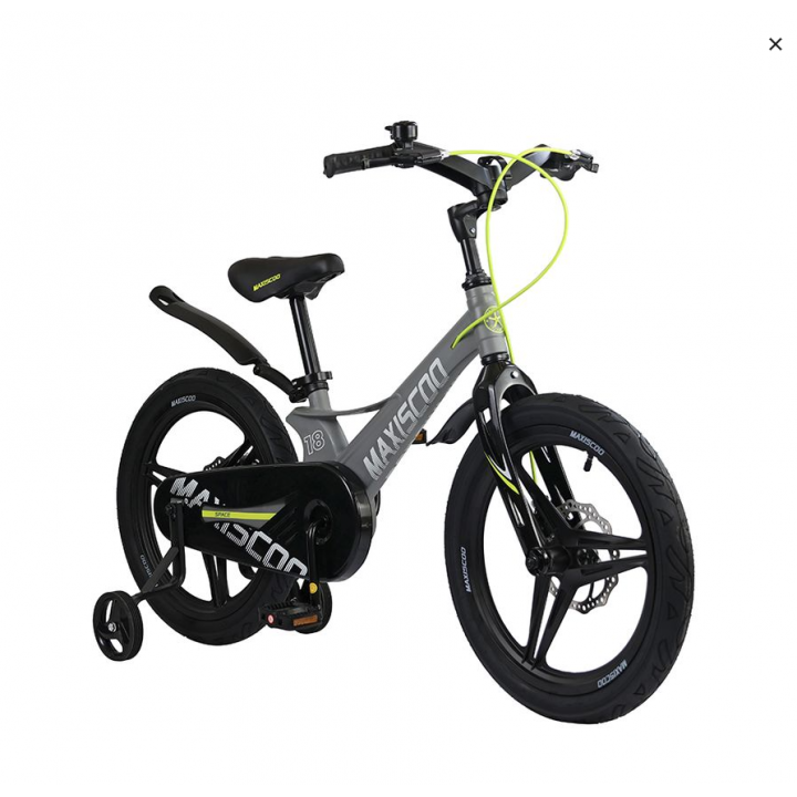 Велосипед детский  MAXISCOO SPACE   Deluxe  18 матовый серый,  , дисковые тормоза, нескользящие педали, дополнительные колёса в комплекте 